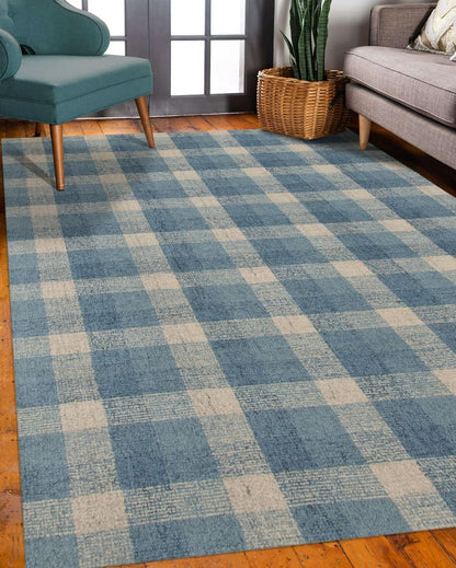 Blue Wool Plaid Pattern Hand-Tufted Rug Carpet