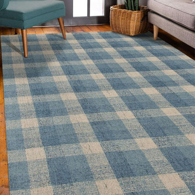 Blue Wool Plaid Pattern Hand-Tufted Rug Carpet