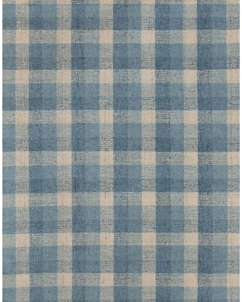 Blue Wool Plaid Pattern Hand-Tufted Rug Carpet