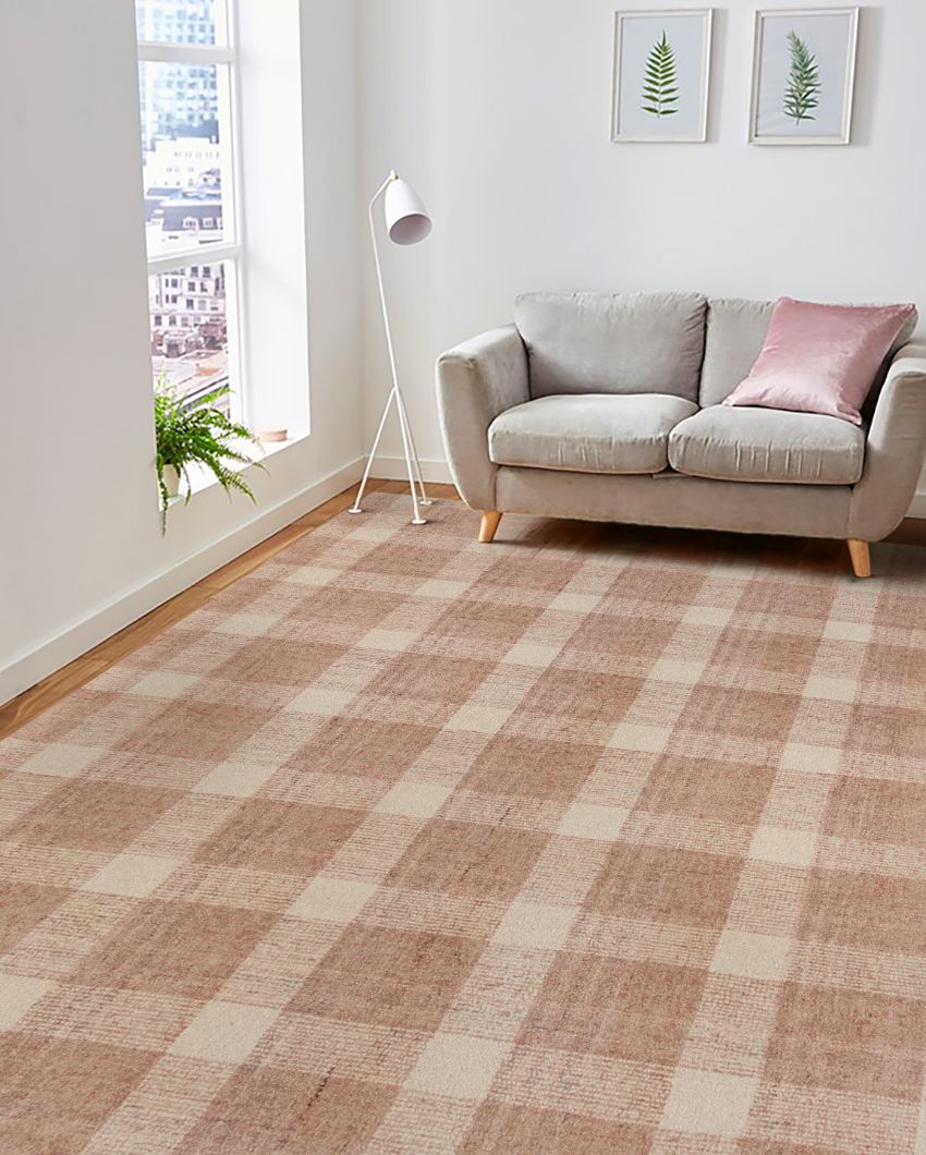 Rose Gold Wool Plaid Pattern Hand-Tufted Rug Carpet