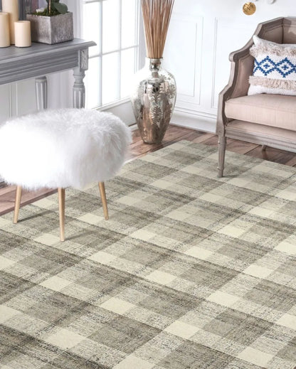 Sand Wool Plaid Pattern Hand-Tufted Rug Carpet