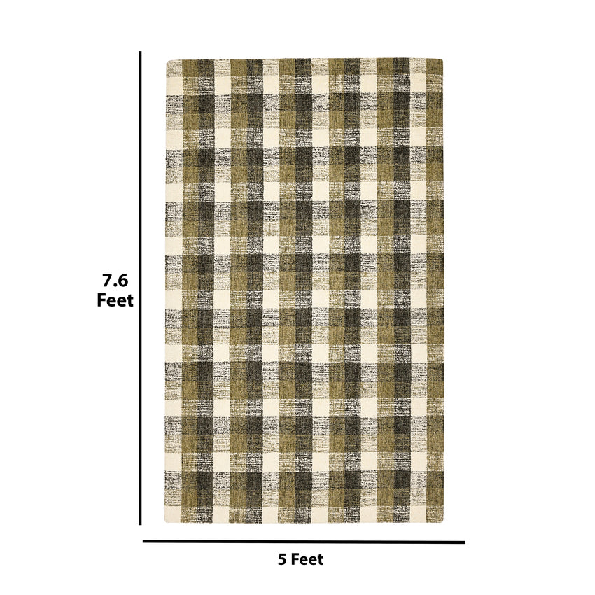 Beautiful Green Shade Hand-Crafted Plaid Wool Area Rug | 7.6 x 5 Feet