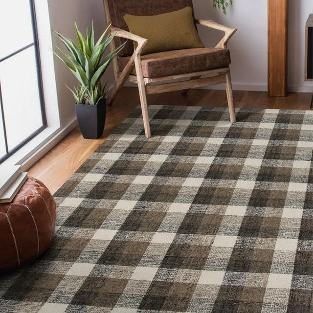 Khaki Wool Plaid Pattern Hand-Tufted Rug Carpet