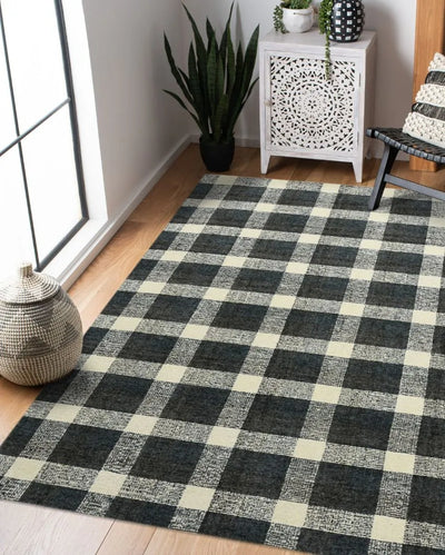 Charcoal Wool Plaid Pattern Hand-Tufted Rug Carpet