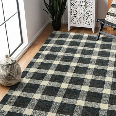 Charcoal Wool Plaid Pattern Hand-Tufted Rug Carpet