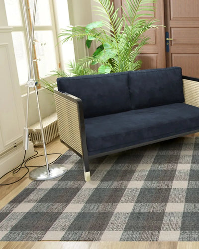 Dark Grey Wool Plaid Pattern Hand-Tufted Rug Carpet