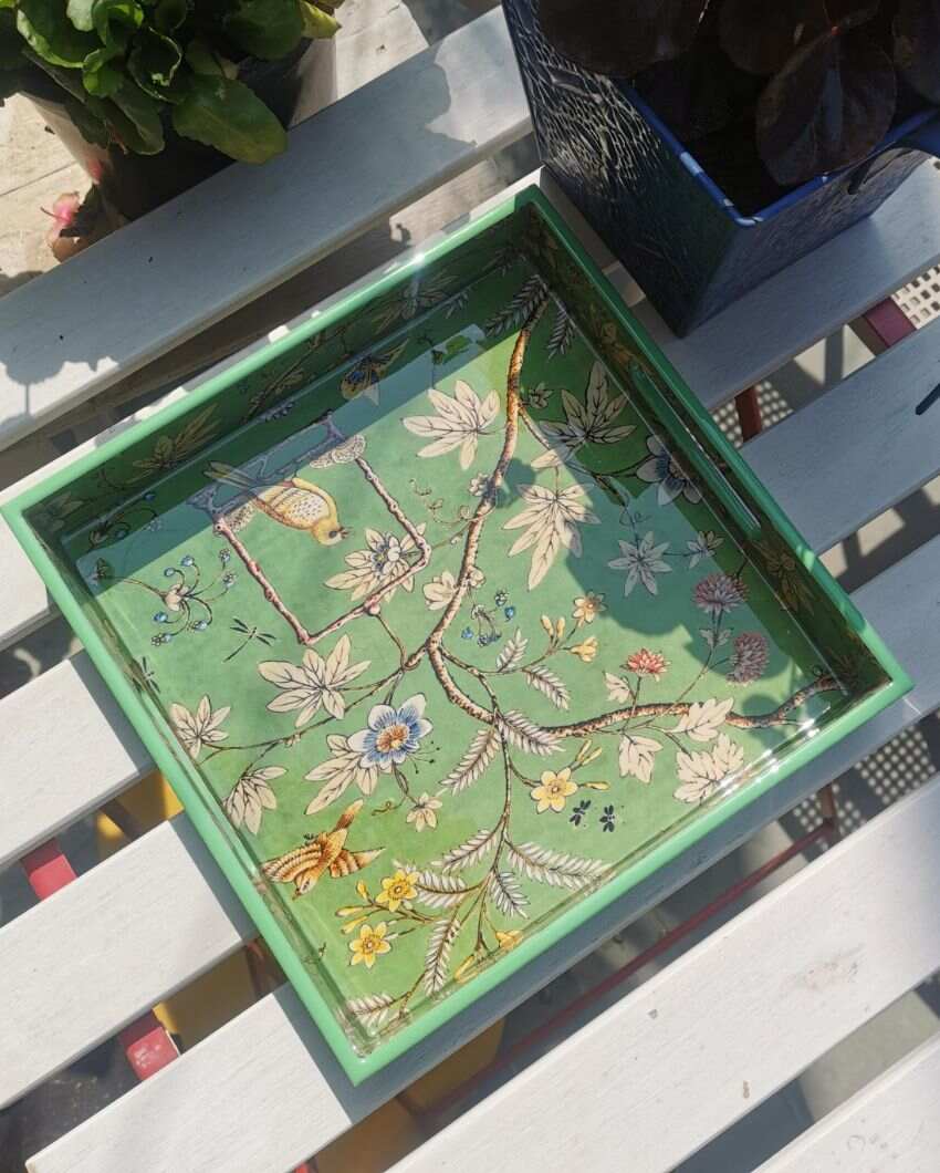 New Bird Green Glass Serving Tray | 10 x 10 x 2 inches