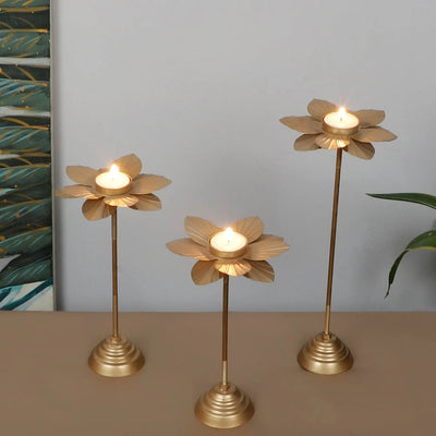 Triple Bloom Tealight Holders | Gold | Set Of 3 | 8 inches  , 10 inches  & 12 inches