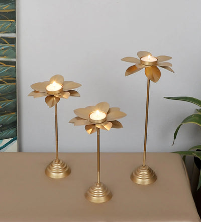 Floral Leaf Tall Tealight Holders With Detachable Design | Gold | Set Of 3