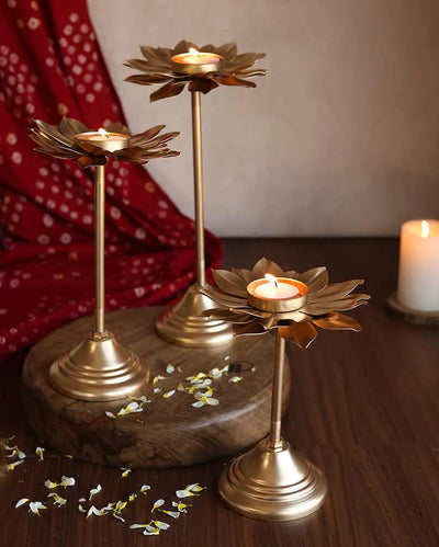 Flowering Gold Tall Stand Tealight Holders | Pack of 3