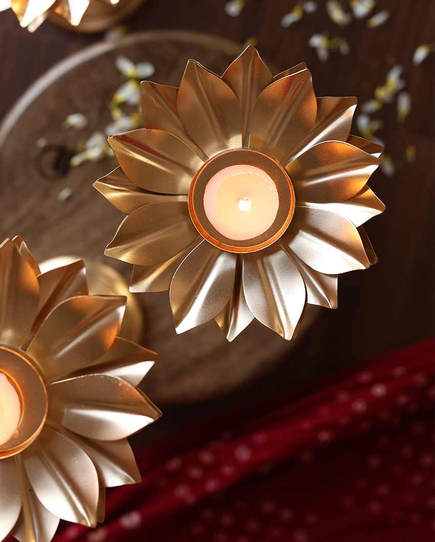 Flowering Gold Tall Stand Tealight Holders | Set of 3