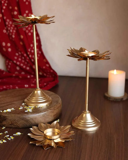 Flowering Gold Tall Stand Tealight Holders | Set of 3