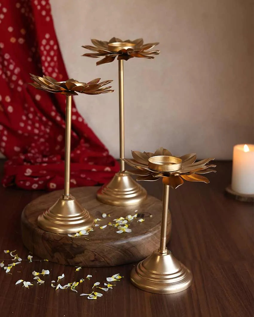 Flowering Gold Tall Stand Tealight Holders | Set of 3