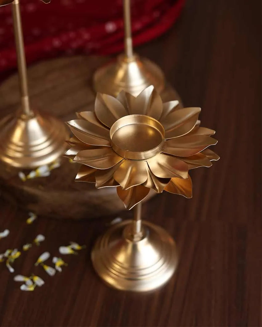 Flowering Gold Tall Stand Tealight Holders | Set of 3