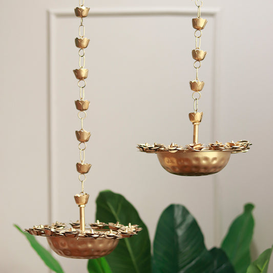 Pair of Hanging Brass Rose Patterned Urli | Set Of 2