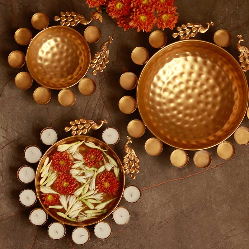 Peacock Style Brass Urli With Tealight | Set Of 3