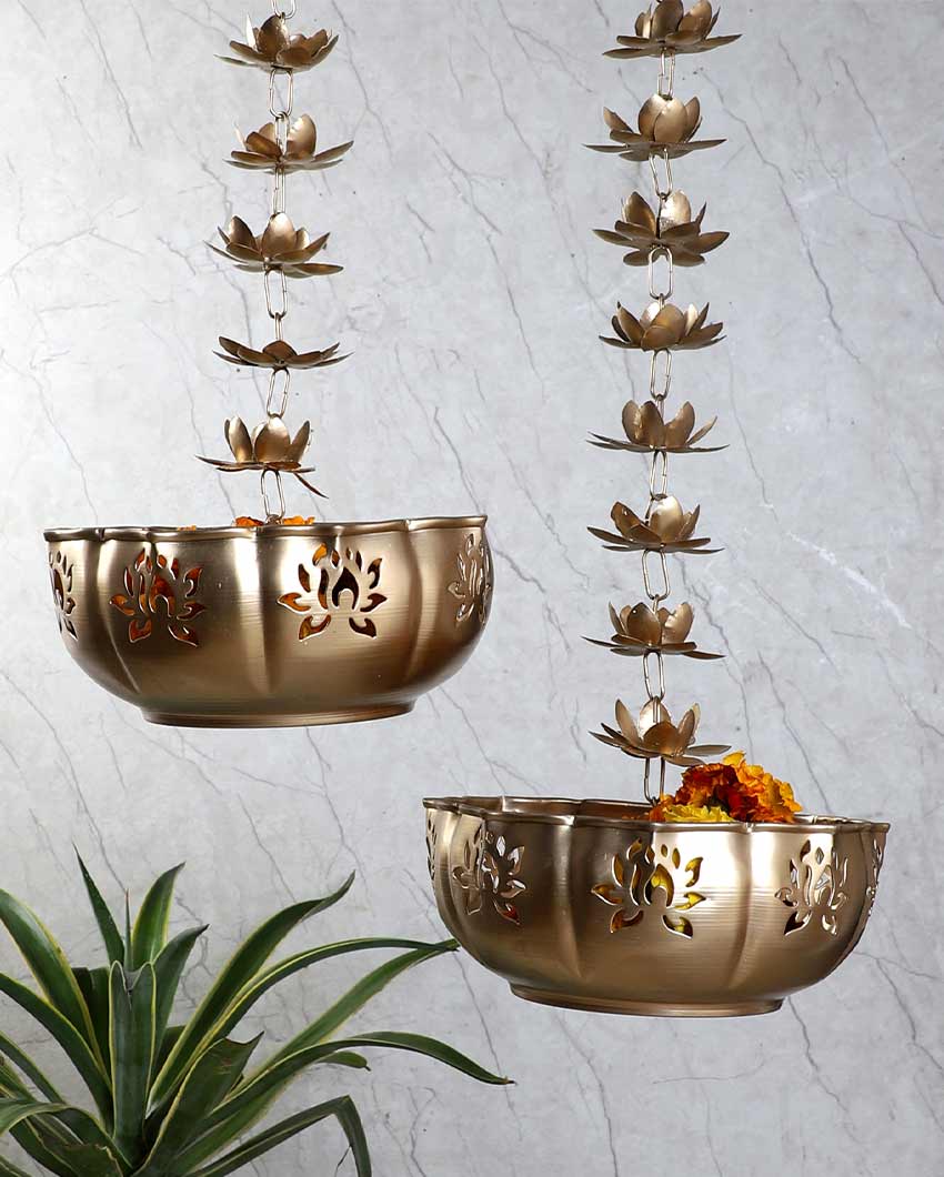 Beautiful Hanging Big Iron Lotus Urli | Set of 2