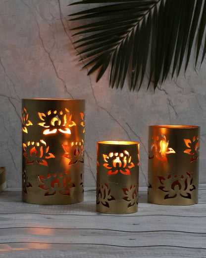 Lotus Etching Votive Iron Tealight Holder | Set Of 4