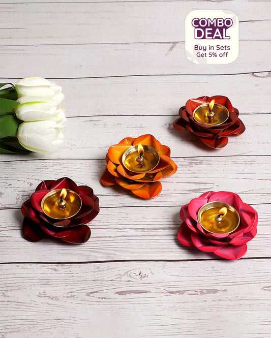 Rose Multicolor Brass Diyas | Set of 4 | 4 x 4 inches