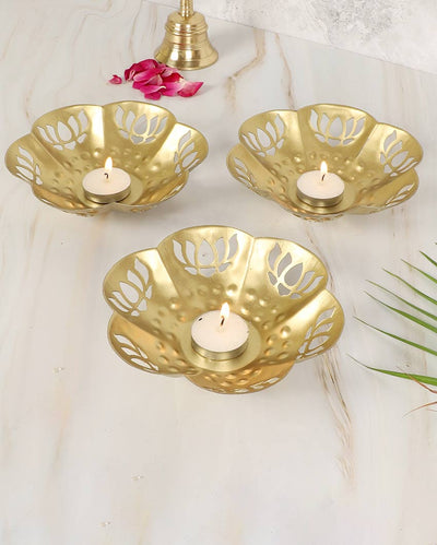 Flower Lotus Cut Tealight Holders | Gold | Set of 3