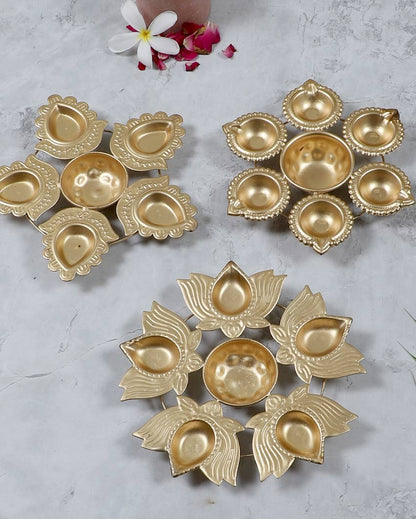 Lotus Flower Metal Diya Urli | Set of 3 | 8 inches