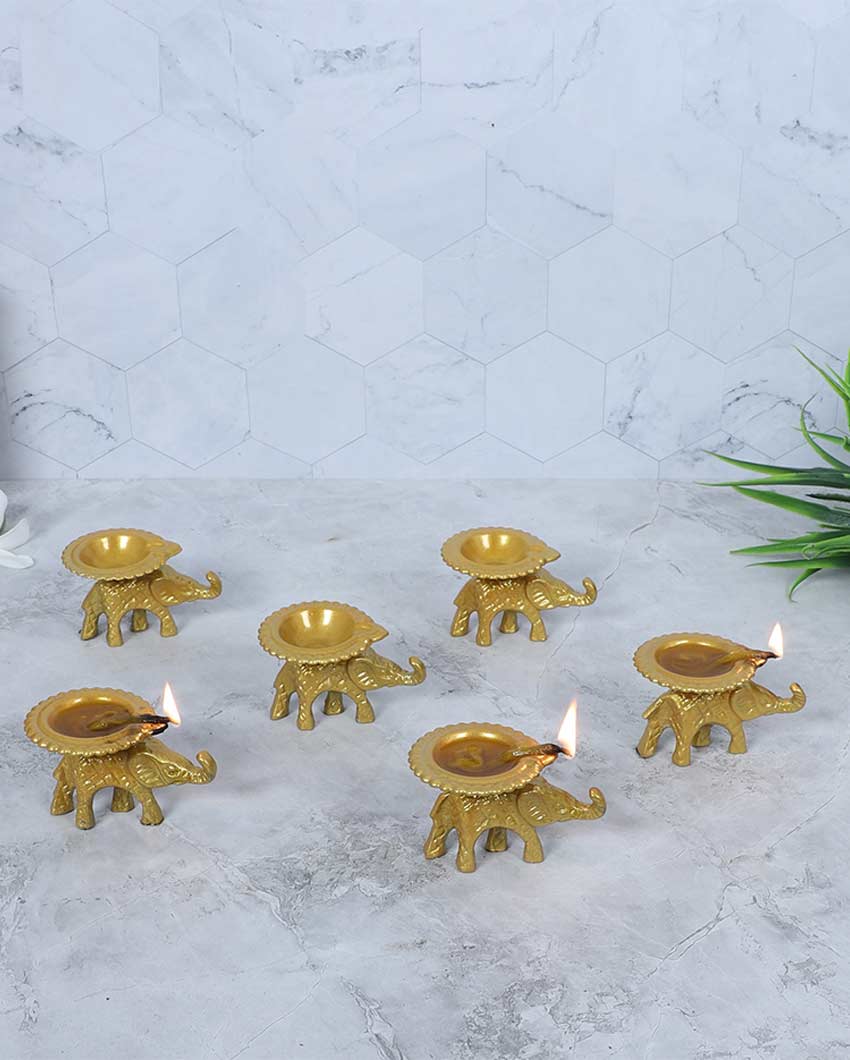 Decorative Golden Small Elephant Diya | Set of 6 | 2 x 4 inches