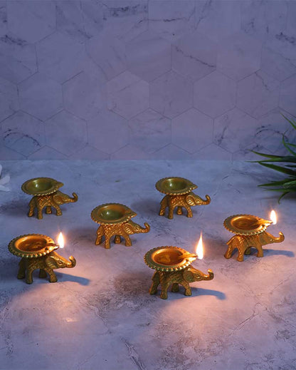 Decorative Golden Small Elephant Diya | Set of 6 | 2 x 4 inches