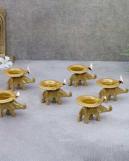 Decorative Golden Small Elephant Diya | Set of 6 | 2 x 4 inches