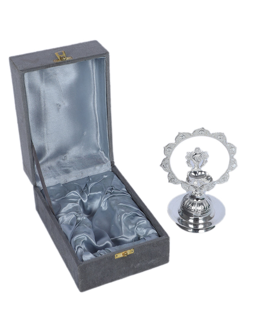 Traditional Silver Peacock Akhand Diya With Velvet Box | Silver | 3 x 5 inches