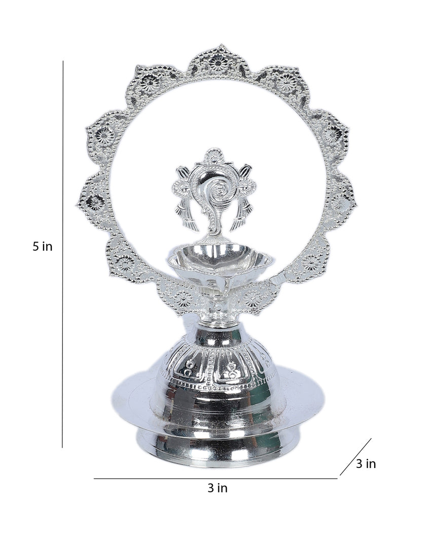 Traditional Silver Peacock Akhand Diya With Velvet Box | Silver | 3 x 5 inches