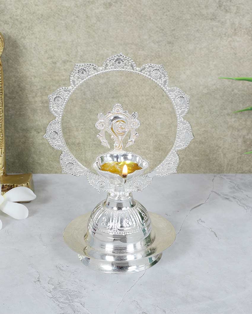 Traditional Silver Peacock Akhand Diya With Velvet Box | Silver | 3 x 5 inches