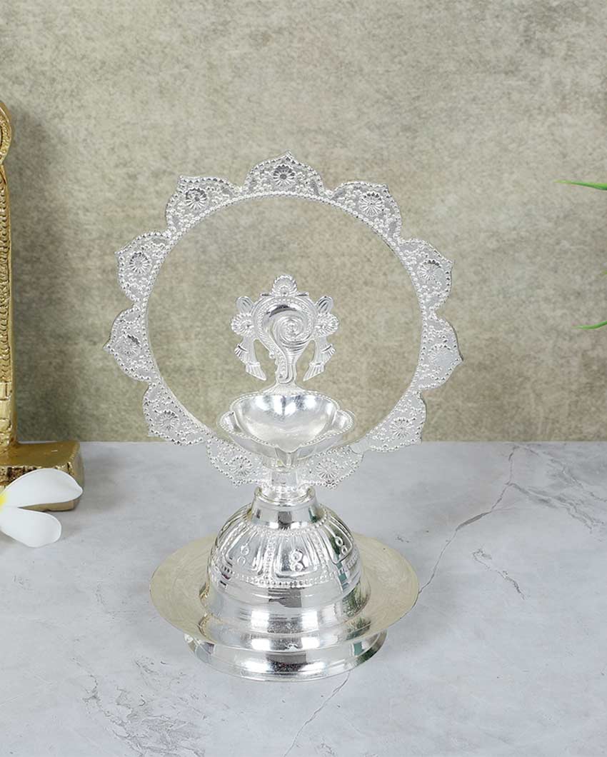 Traditional Silver Peacock Akhand Diya With Velvet Box | Silver | 3 x 5 inches