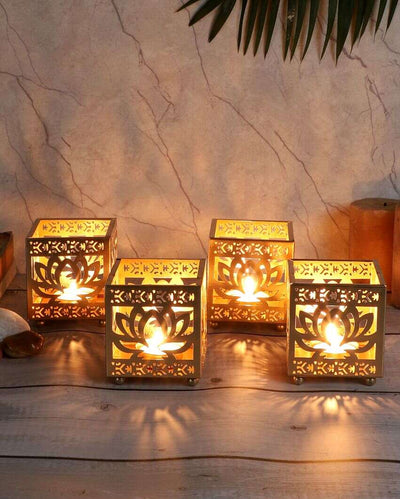 Lotus Etching Iron Tealight Holders | Set Of 4 | 4 x 4 x 4 inches