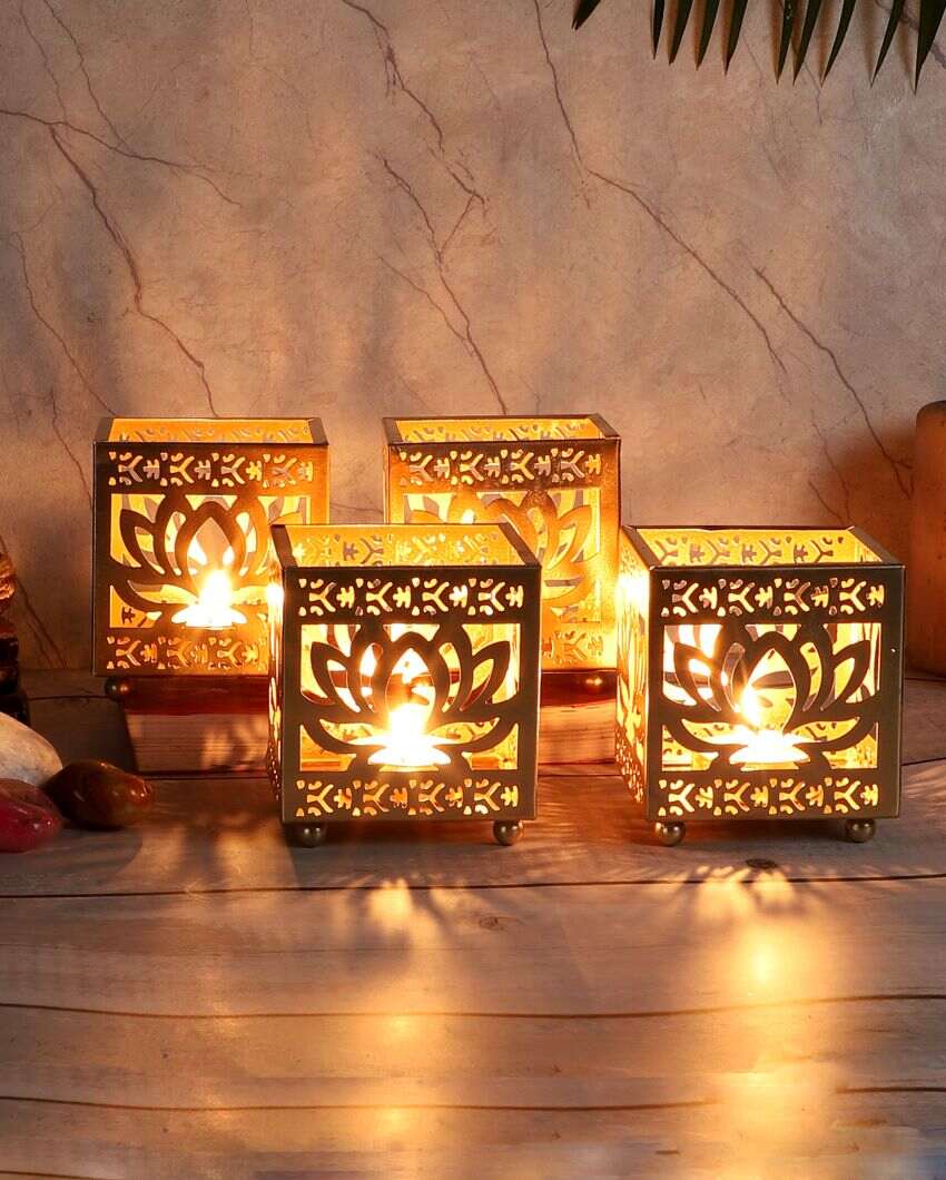 Lotus Etching Iron Tealight Holders | Set Of 4 | 4 x 4 x 4 inches