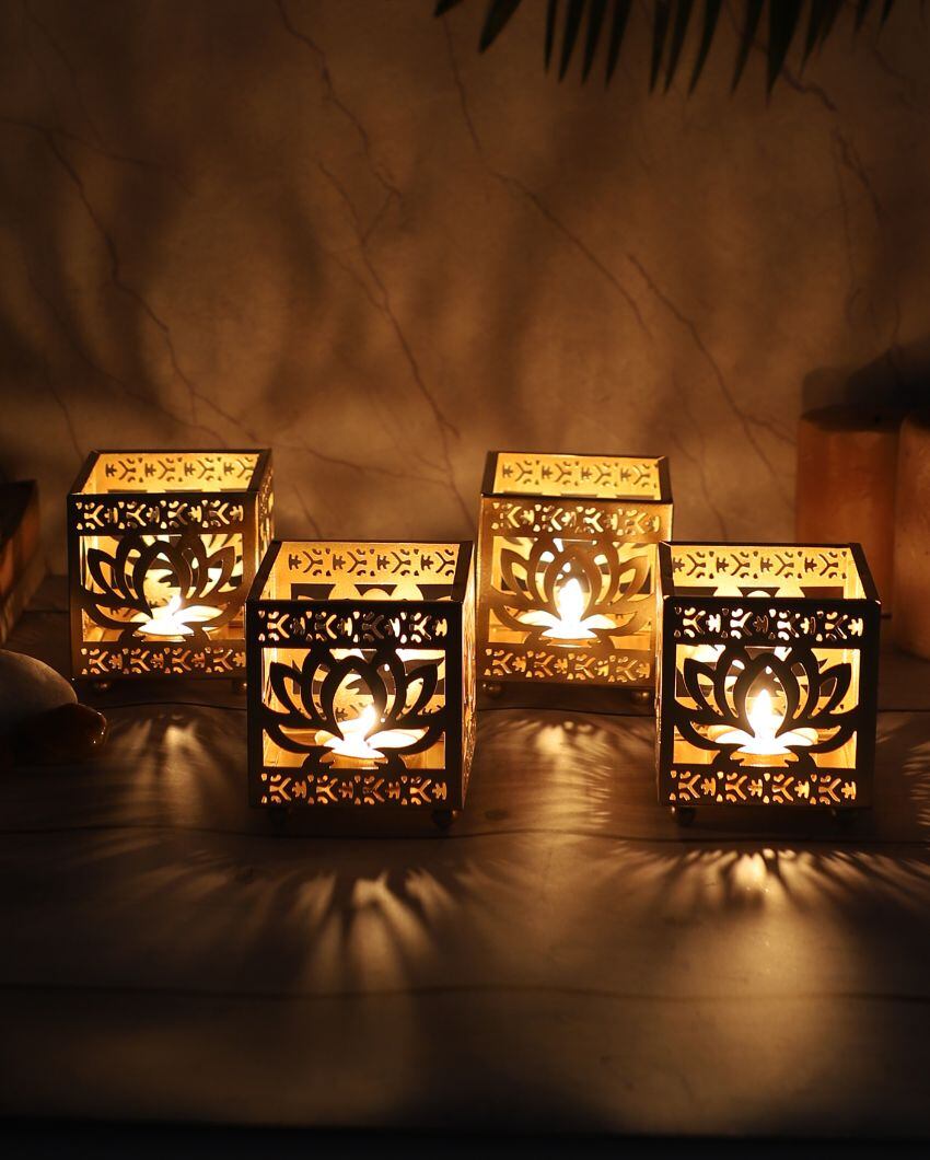 Lotus Etching Iron Tealight Holders | Set Of 4 | 4 x 4 x 4 inches