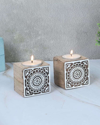 Mango Wood Cube Tealight Holders | Set Of 2 | 3 x 3 x 3 inches