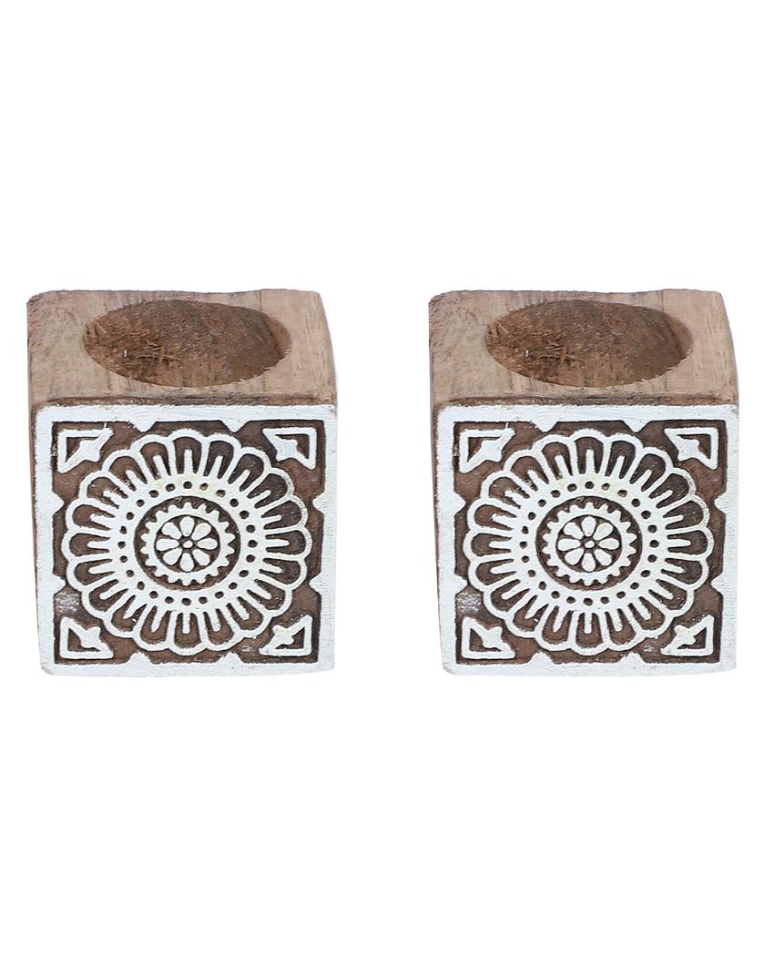 Mango Wood Cube Tealight Holders | Set Of 2 | 3 x 3 x 3 inches