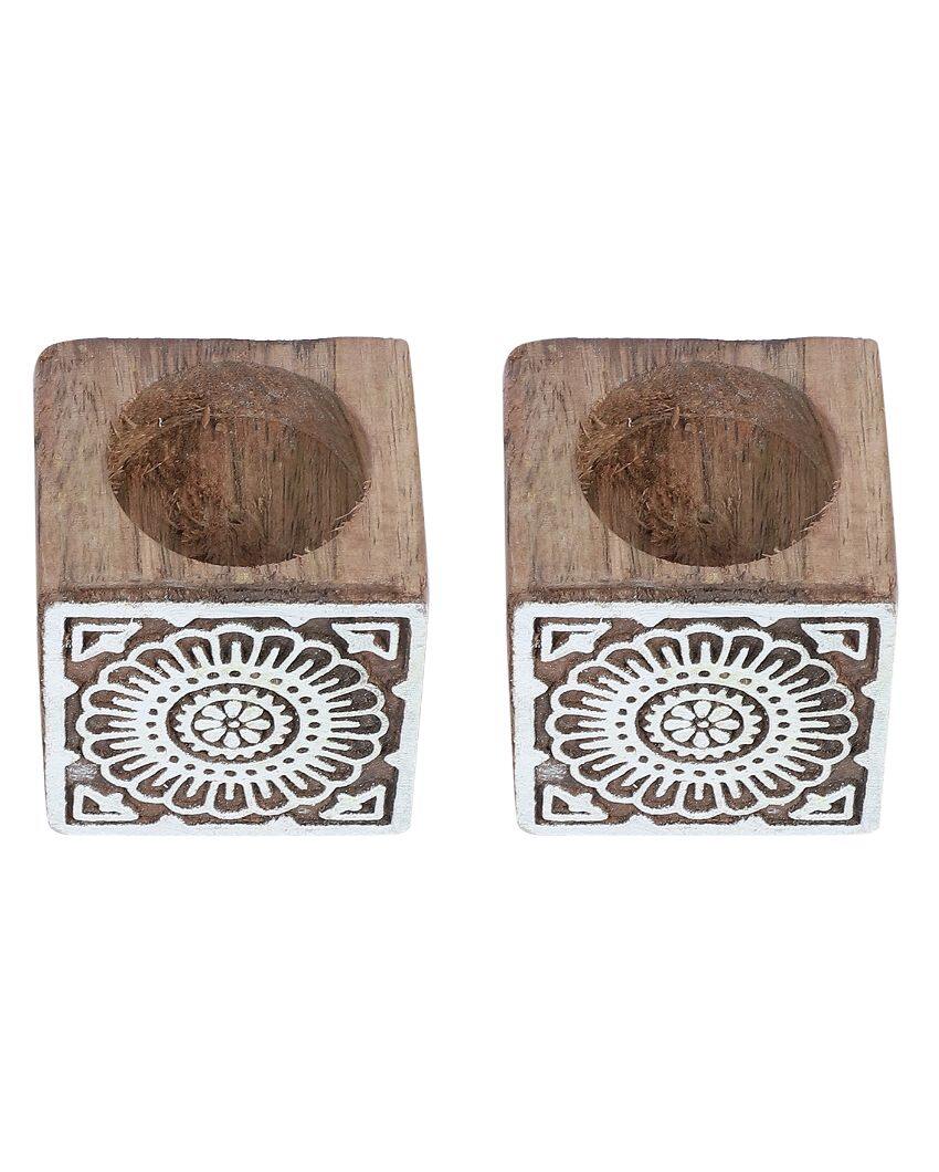 Mango Wood Cube Tealight Holders | Set Of 2 | 3 x 3 x 3 inches