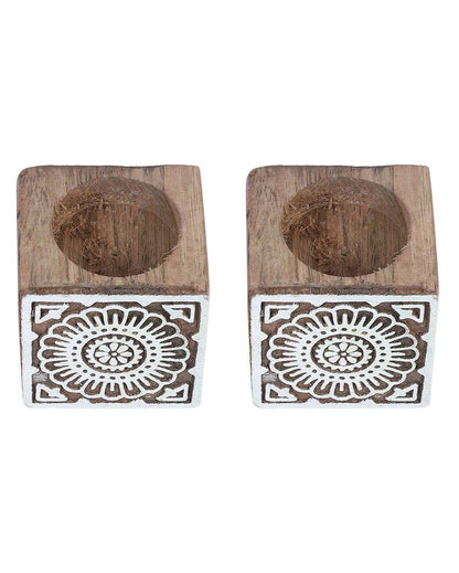 Mango Wood Cube Tealight Holders | Set Of 2 | 3 x 3 x 3 inches