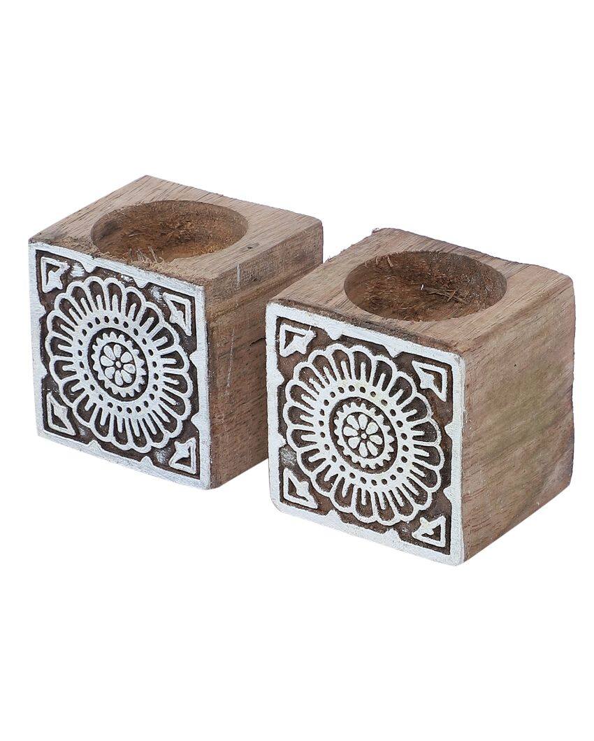 Mango Wood Cube Tealight Holders | Set Of 2 | 3 x 3 x 3 inches