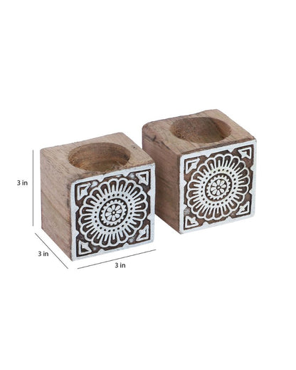 Mango Wood Cube Tealight Holders | Set Of 2 | 3 x 3 x 3 inches