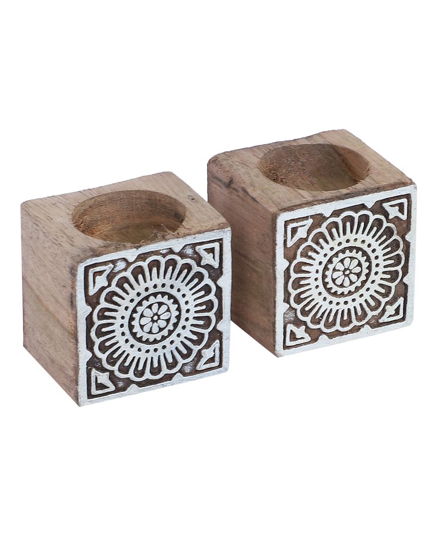 Mango Wood Cube Tealight Holders | Set Of 2 | 3 x 3 x 3 inches