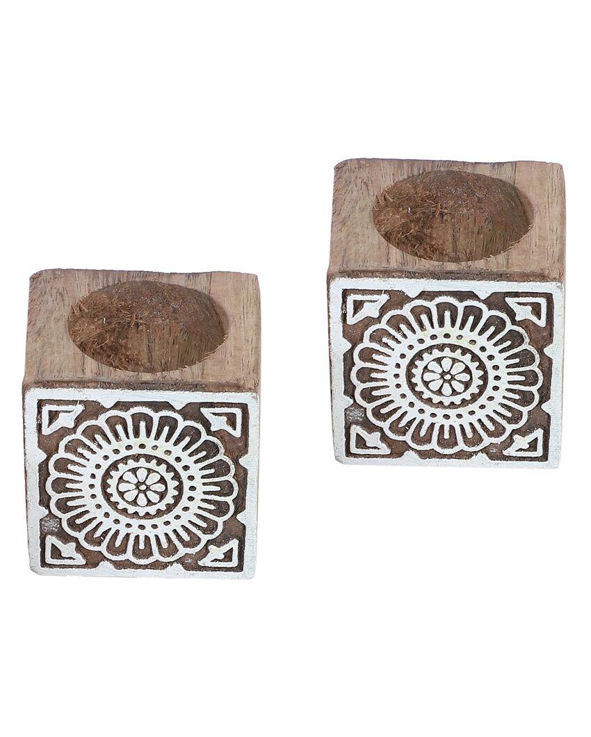 Mango Wood Cube Tealight Holders | Set Of 2 | 3 x 3 x 3 inches