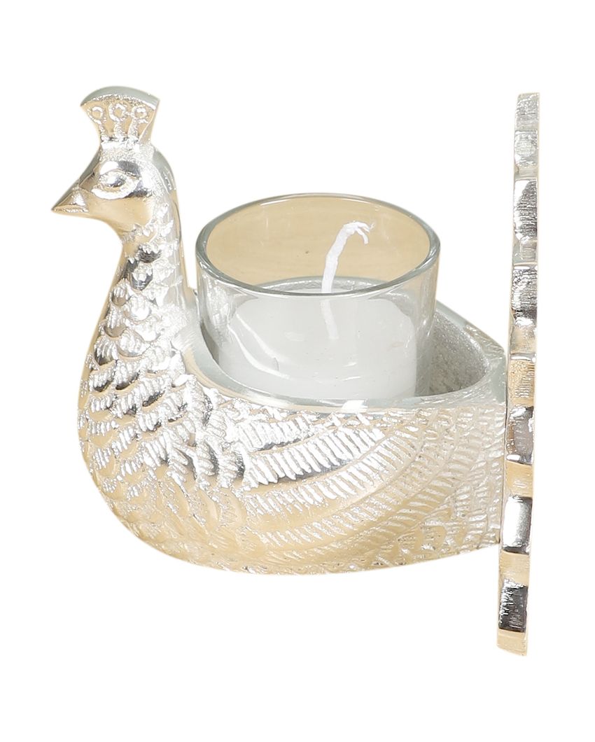 Peacock Aluminum Silver Tealight Holder With Glass