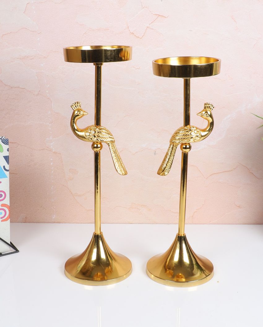 Peacock Aluminum Candle Stands | Set Of 2 | 4 x 4 x 12 inches