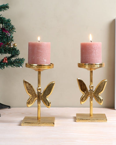 Elegant Golden Butterfly Design Candle Stand | Set of 2 | 3 x 8 inches