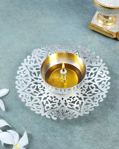 Beautiful Cutwork Silver Shade Akhand Diya | 6 x 2 inches