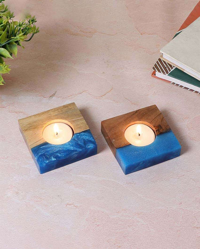 Resin & Mango Wood Tealight Holders | Set Of 2 |  3 x 3 inches
