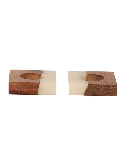 Resin & Mango Wood Tealight Holders | Set Of 2 |  3 x 3 inches