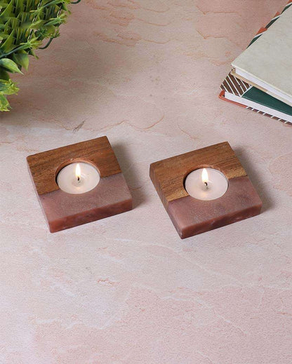 Resin & Mango Wood Tealight Holders | Set Of 2 |  3 x 3 inches